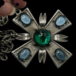 Fabulous Vintage Jeweled Maltese Cross Pendant Necklace